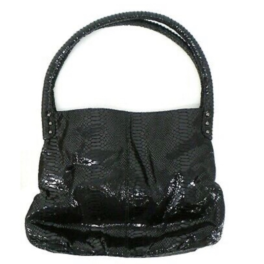 EUC GORGEOUS PERLINA XL LEATHER / SNAKESKIN HOBO TOTE W/ DOUBLE ROLLED HANDLES - Picture 2 of 5